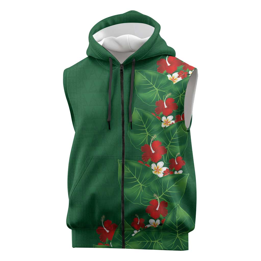 Hawaiian Taro Leaves-Hibiscus and Plumeria Sleeveless Zip Hoodie Polynesian Art-Kakau Tattoo Green LT03 Green - Polynesian Pride
