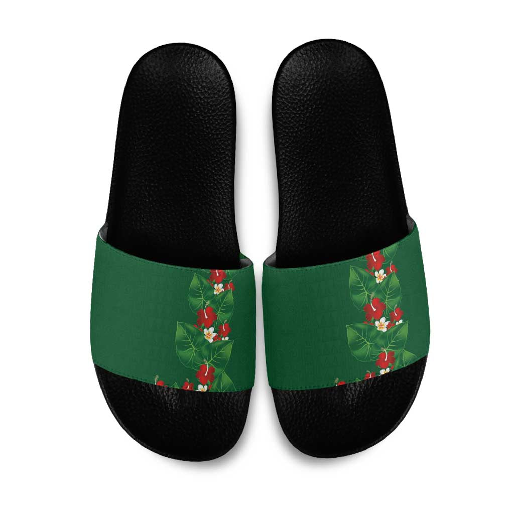 Hawaiian Taro Leaves-Hibiscus and Plumeria Slide Sandals Polynesian Art-Kakau Tattoo Green LT03 Green - Polynesian Pride