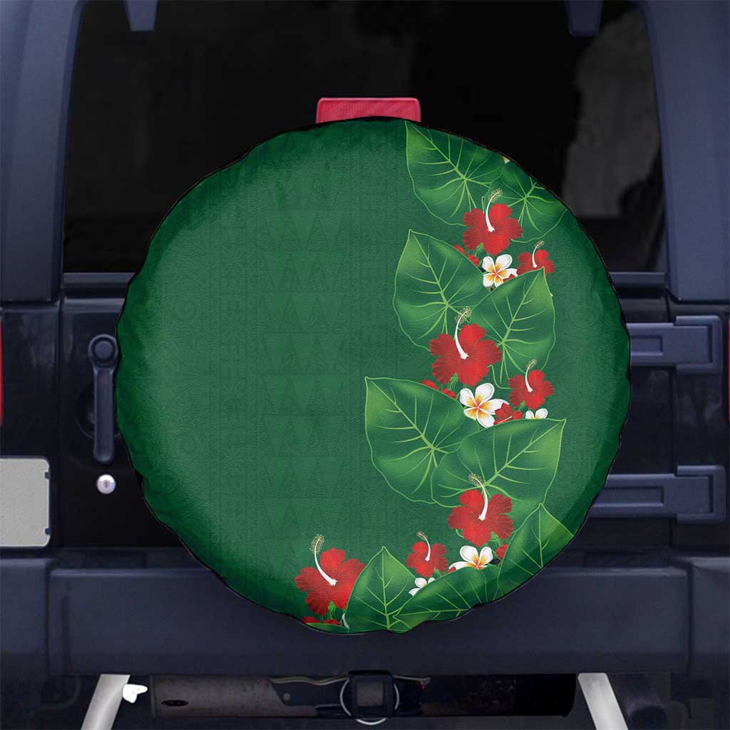 Hawaiian Taro Leaves-Hibiscus and Plumeria Spare Tire Cover Polynesian Art-Kakau Tattoo Green LT03 No hole Green - Polynesian Pride