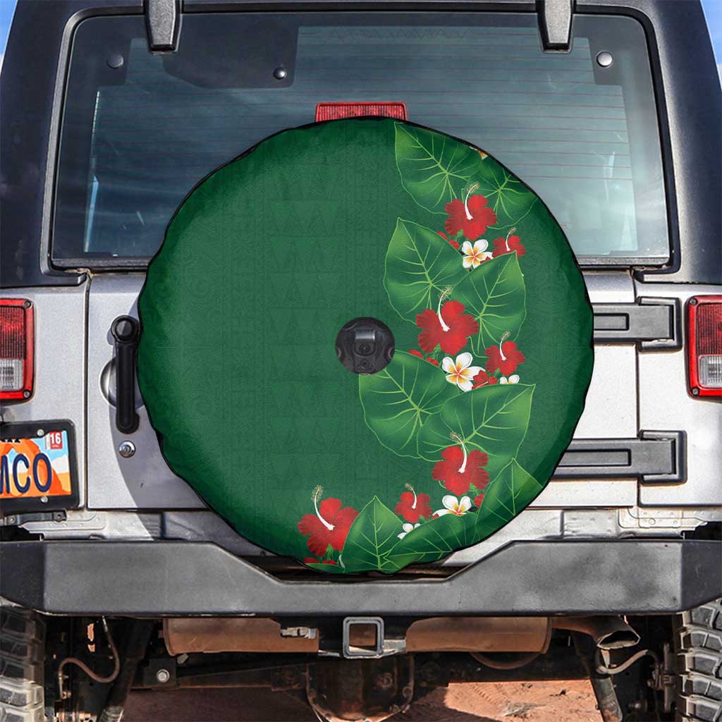 Hawaiian Taro Leaves-Hibiscus and Plumeria Spare Tire Cover Polynesian Art-Kakau Tattoo Green LT03 Green - Polynesian Pride