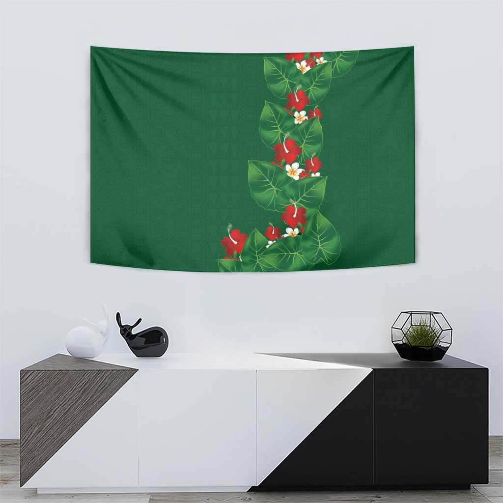 Hawaiian Taro Leaves-Hibiscus and Plumeria Tapestry Polynesian Art-Kakau Tattoo Green LT03 - Polynesian Pride