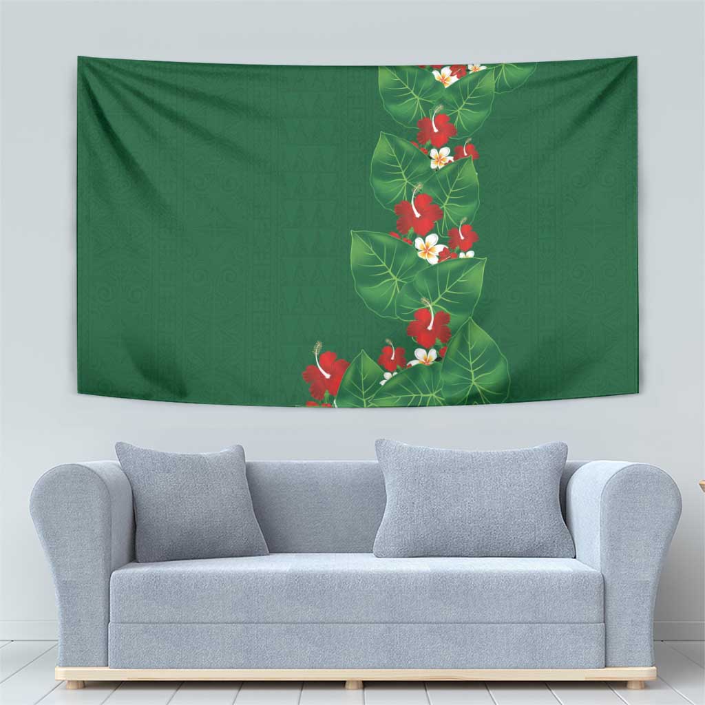 Hawaiian Taro Leaves-Hibiscus and Plumeria Tapestry Polynesian Art-Kakau Tattoo Green LT03 - Polynesian Pride