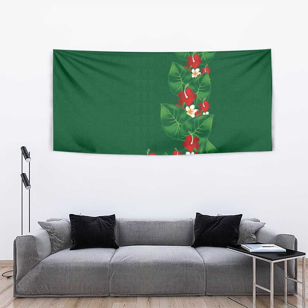 Hawaiian Taro Leaves-Hibiscus and Plumeria Tapestry Polynesian Art-Kakau Tattoo Green LT03 - Polynesian Pride