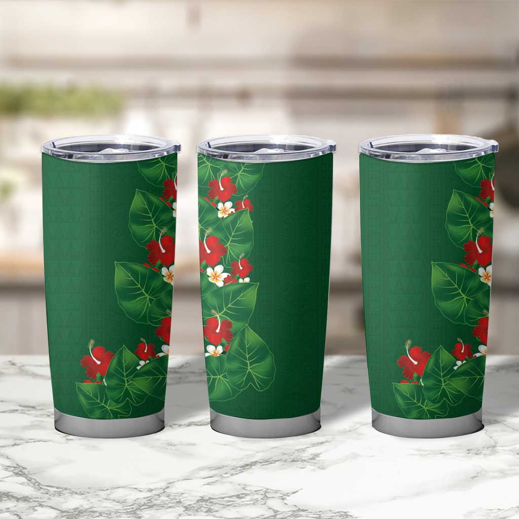Hawaiian Taro Leaves-Hibiscus and Plumeria Tumbler Cup Polynesian Art-Kakau Tattoo Green LT03 - Polynesian Pride