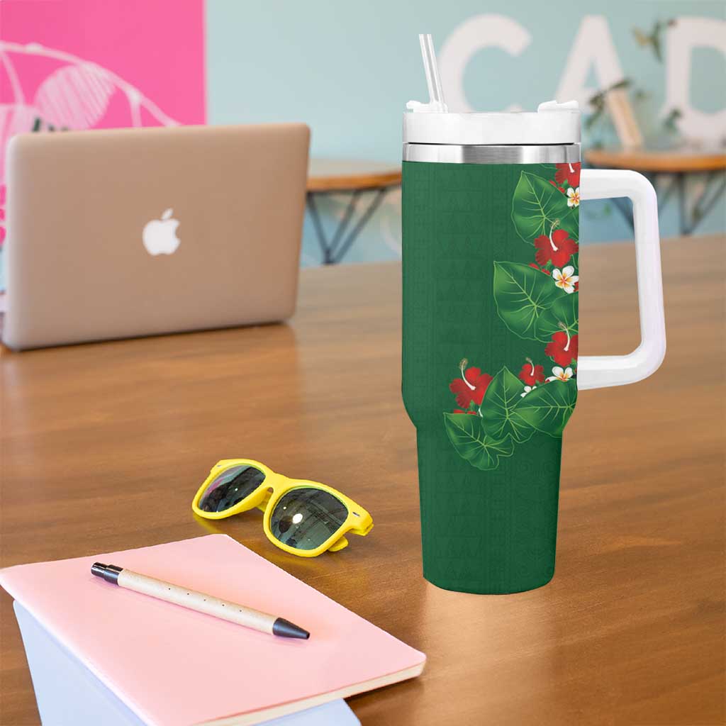 Hawaiian Taro Leaves-Hibiscus and Plumeria Tumbler With Handle Polynesian Art-Kakau Tattoo Green LT03 - Polynesian Pride