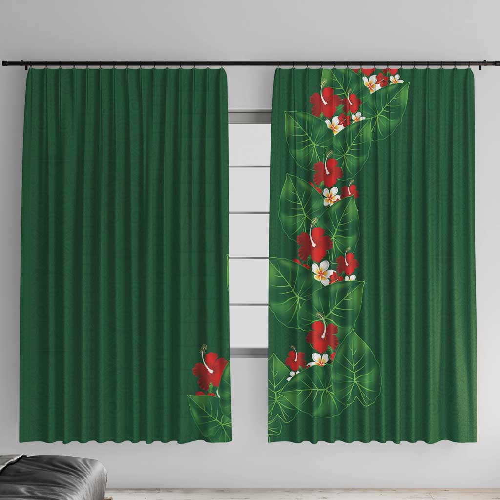 Hawaiian Taro Leaves-Hibiscus and Plumeria Window Curtain Polynesian Art-Kakau Tattoo Green LT03 With Hooks Green - Polynesian Pride