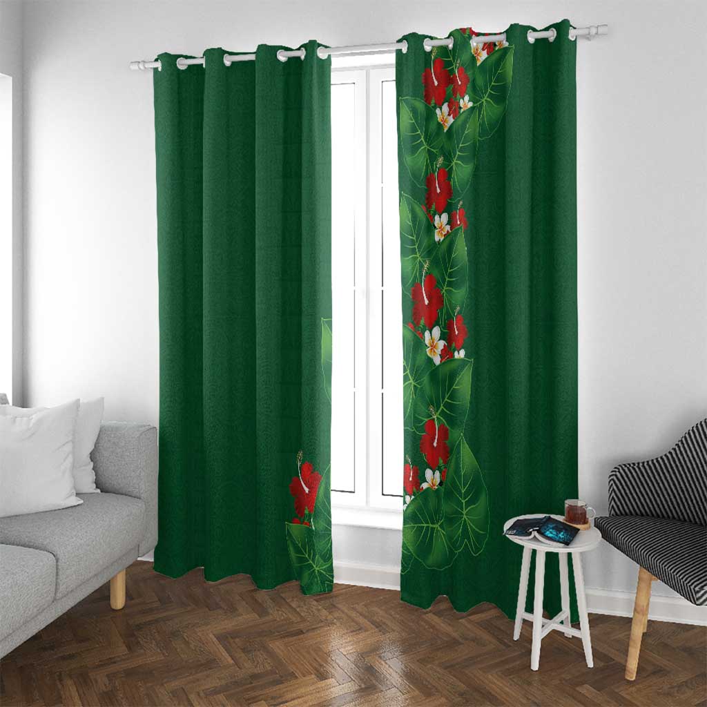 Hawaiian Taro Leaves-Hibiscus and Plumeria Window Curtain Polynesian Art-Kakau Tattoo Green LT03 With Grommets Green - Polynesian Pride