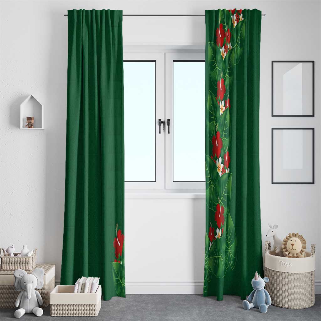 Hawaiian Taro Leaves-Hibiscus and Plumeria Window Curtain Polynesian Art-Kakau Tattoo Green LT03 - Polynesian Pride