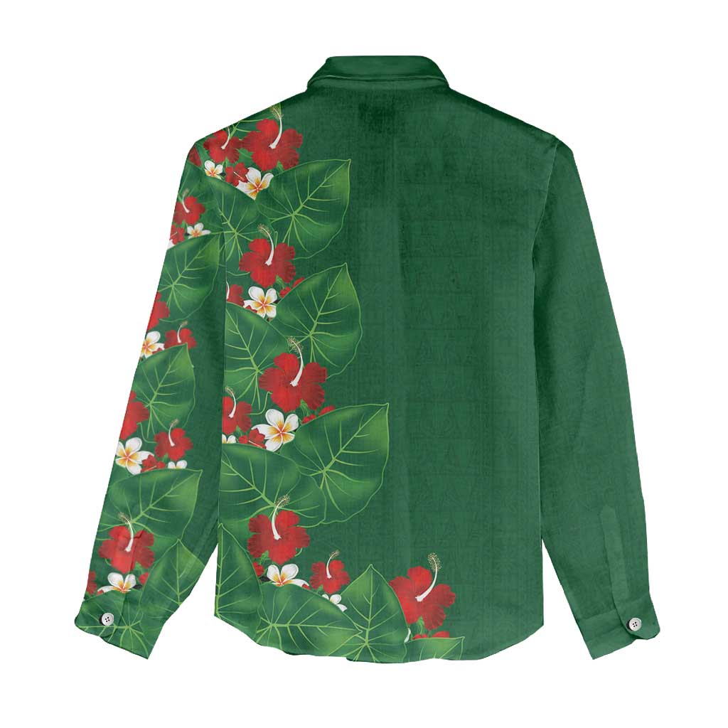 Hawaiian Taro Leaves-Hibiscus and Plumeria Women Casual Shirt Polynesian Art-Kakau Tattoo Green LT03 - Polynesian Pride