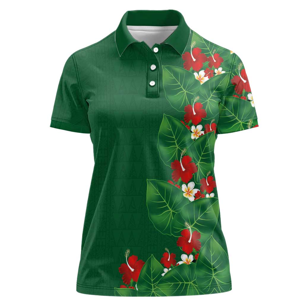 Hawaiian Taro Leaves-Hibiscus and Plumeria Women Polo Shirt Polynesian Art-Kakau Tattoo Green LT03 Female Green - Polynesian Pride