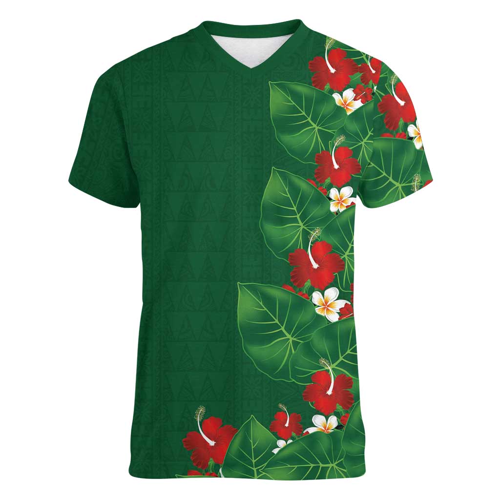 Hawaiian Taro Leaves-Hibiscus and Plumeria Women V-Neck T-Shirt Polynesian Art-Kakau Tattoo Green LT03 Female Green - Polynesian Pride