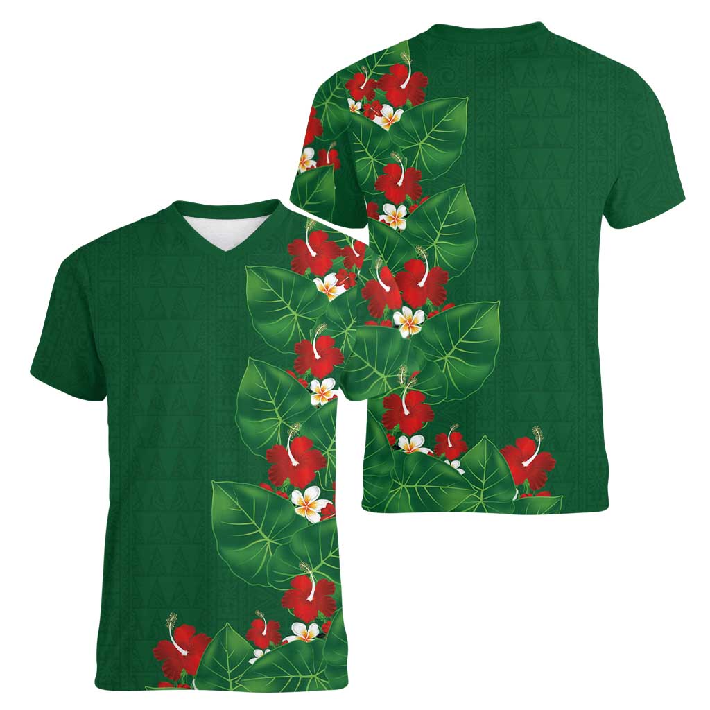 Hawaiian Taro Leaves-Hibiscus and Plumeria Women V-Neck T-Shirt Polynesian Art-Kakau Tattoo Green LT03 - Polynesian Pride
