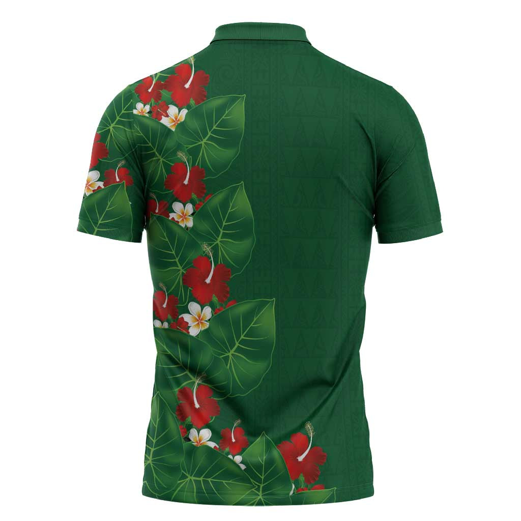 Hawaiian Taro Leaves-Hibiscus and Plumeria Zipper Polo Shirt Polynesian Art-Kakau Tattoo Green LT03 - Polynesian Pride