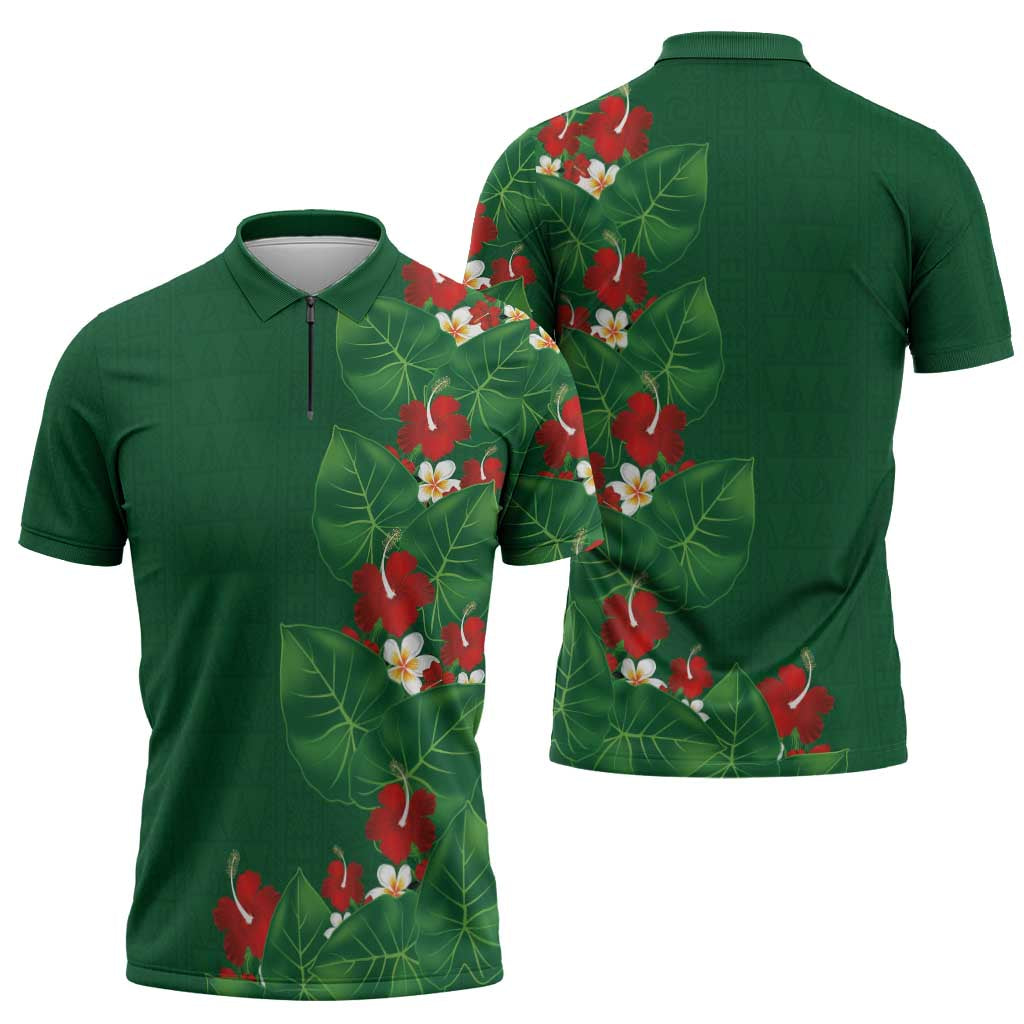 Hawaiian Taro Leaves-Hibiscus and Plumeria Zipper Polo Shirt Polynesian Art-Kakau Tattoo Green LT03 - Polynesian Pride