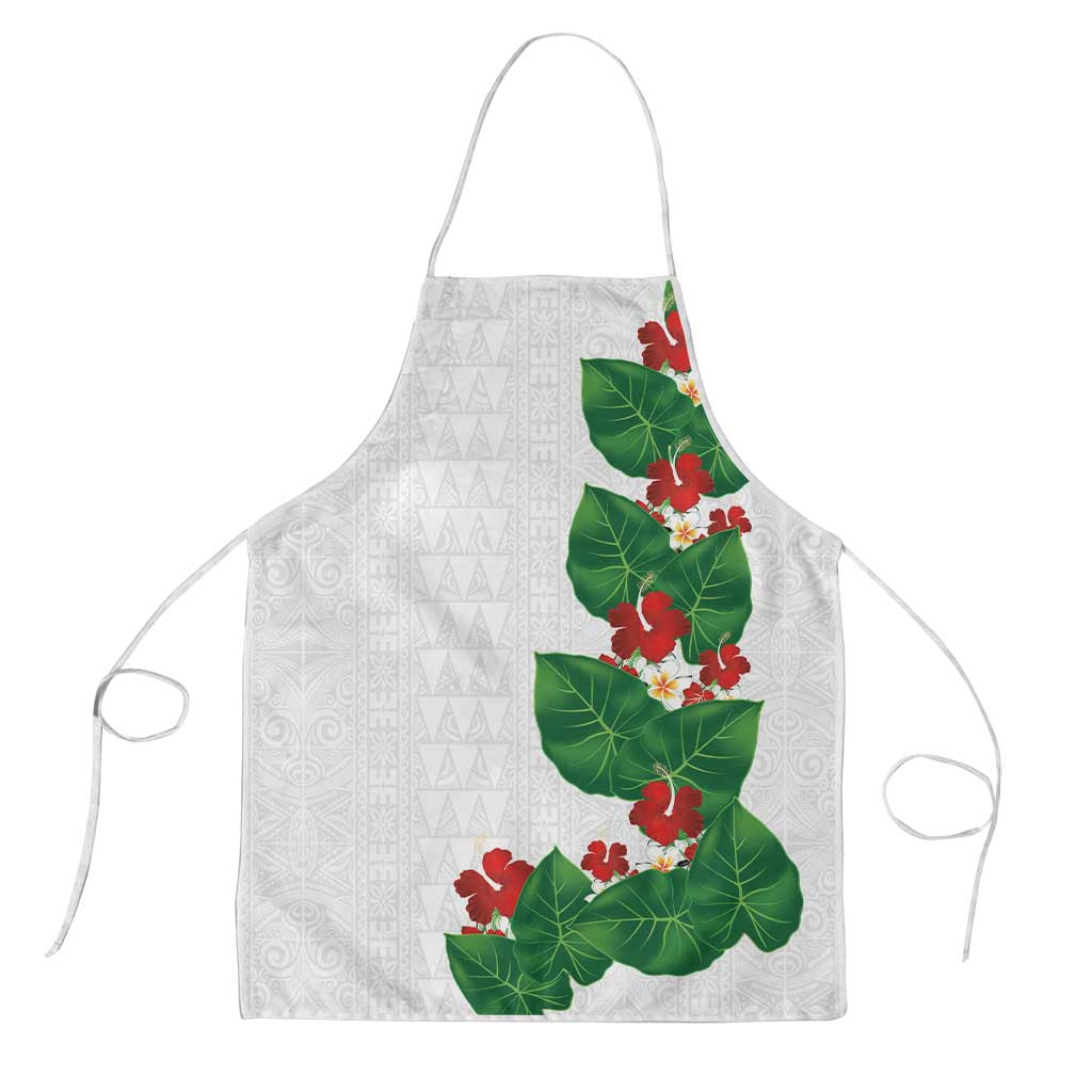 Hawaiian Taro Leaves-Hibiscus and Plumeria Apron Polynesian Art-Kakau Tattoo White LT03 White - Polynesian Pride