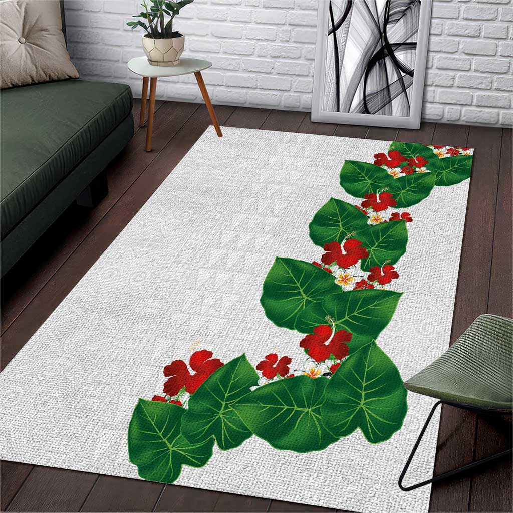 Hawaiian Taro Leaves-Hibiscus and Plumeria Area Rug Polynesian Art-Kakau Tattoo White LT03 White - Polynesian Pride