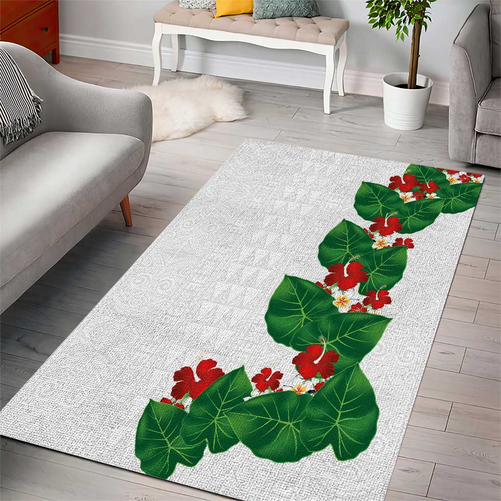 Hawaiian Taro Leaves-Hibiscus and Plumeria Area Rug Polynesian Art-Kakau Tattoo White LT03 - Polynesian Pride
