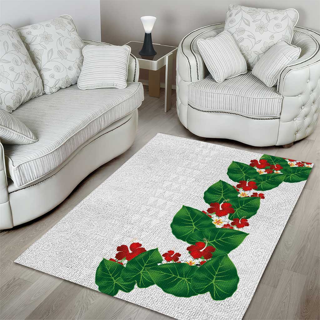 Hawaiian Taro Leaves-Hibiscus and Plumeria Area Rug Polynesian Art-Kakau Tattoo White LT03 - Polynesian Pride