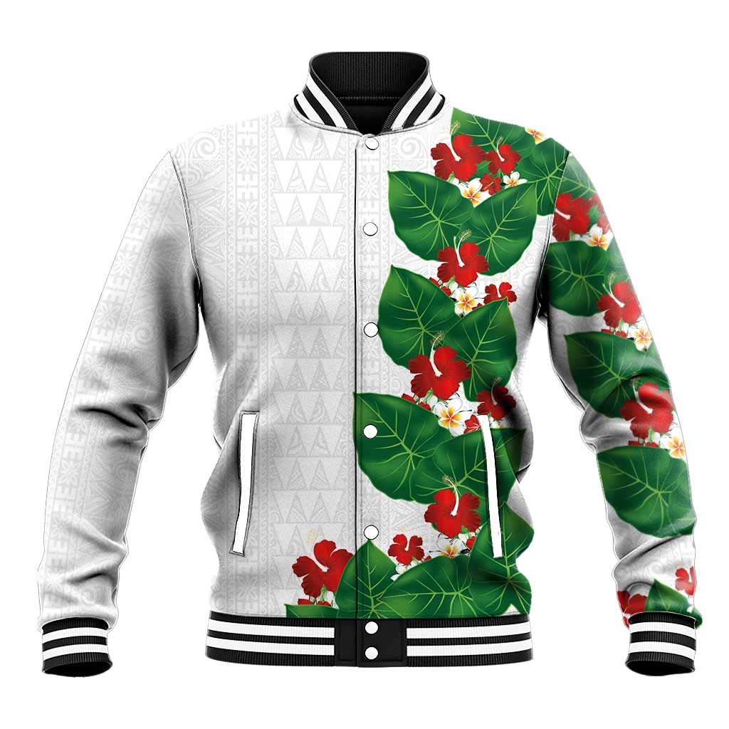 Hawaiian Taro Leaves-Hibiscus and Plumeria Baseball Jacket Polynesian Art-Kakau Tattoo White LT03 Unisex White - Polynesian Pride