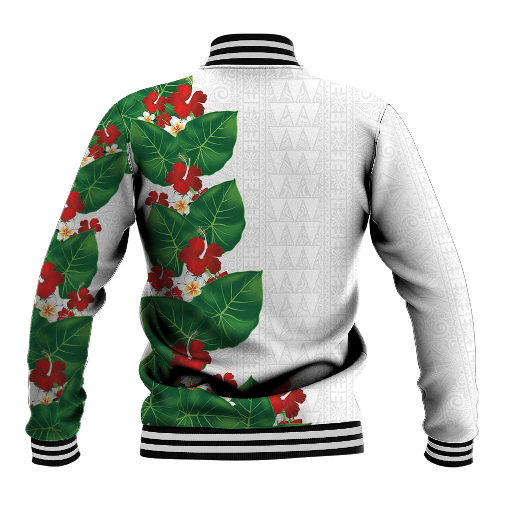 Hawaiian Taro Leaves-Hibiscus and Plumeria Baseball Jacket Polynesian Art-Kakau Tattoo White LT03 - Polynesian Pride