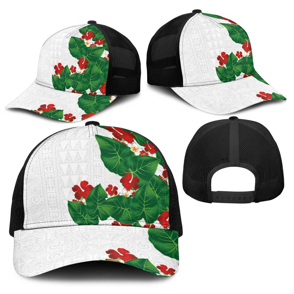 Hawaiian Taro Leaves-Hibiscus and Plumeria Baseball Net Cap Polynesian Art-Kakau Tattoo White LT03 - Polynesian Pride
