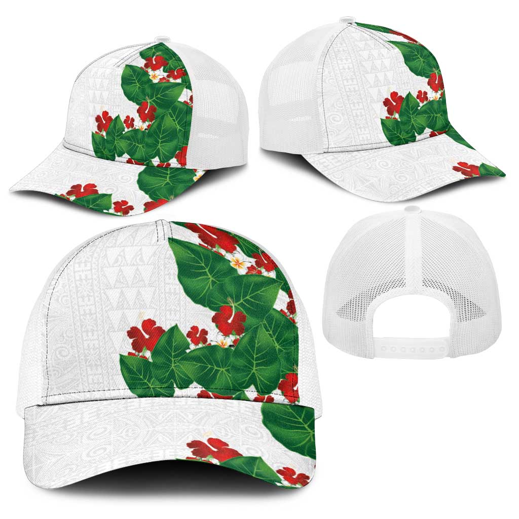 Hawaiian Taro Leaves-Hibiscus and Plumeria Baseball Net Cap Polynesian Art-Kakau Tattoo White LT03 - Polynesian Pride