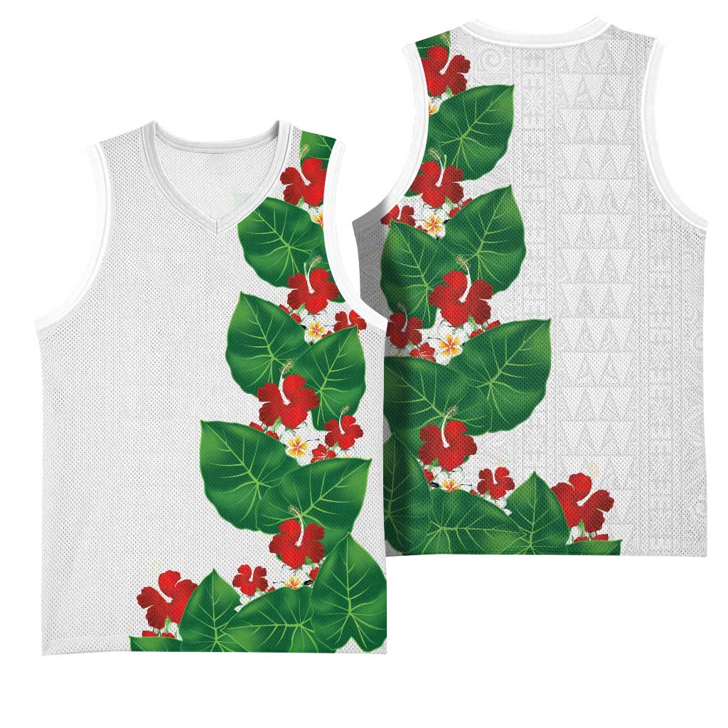 Hawaiian Taro Leaves-Hibiscus and Plumeria Basketball Jersey Polynesian Art-Kakau Tattoo White LT03 - Polynesian Pride