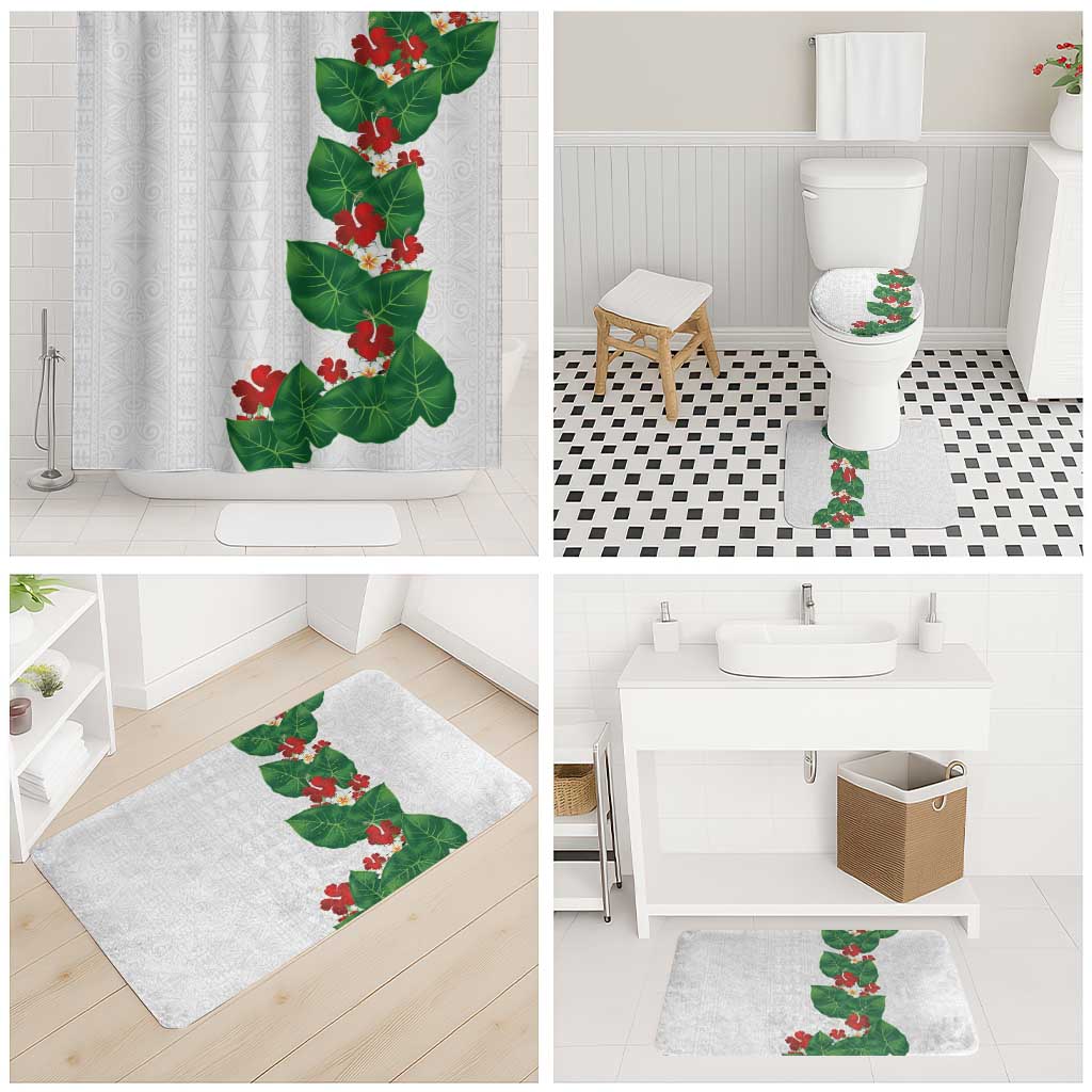 Hawaiian Taro Leaves-Hibiscus and Plumeria Bathroom Set Polynesian Art-Kakau Tattoo White LT03 - Polynesian Pride