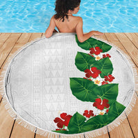 Hawaiian Taro Leaves-Hibiscus and Plumeria Beach Blanket Polynesian Art-Kakau Tattoo White LT03 - Polynesian Pride