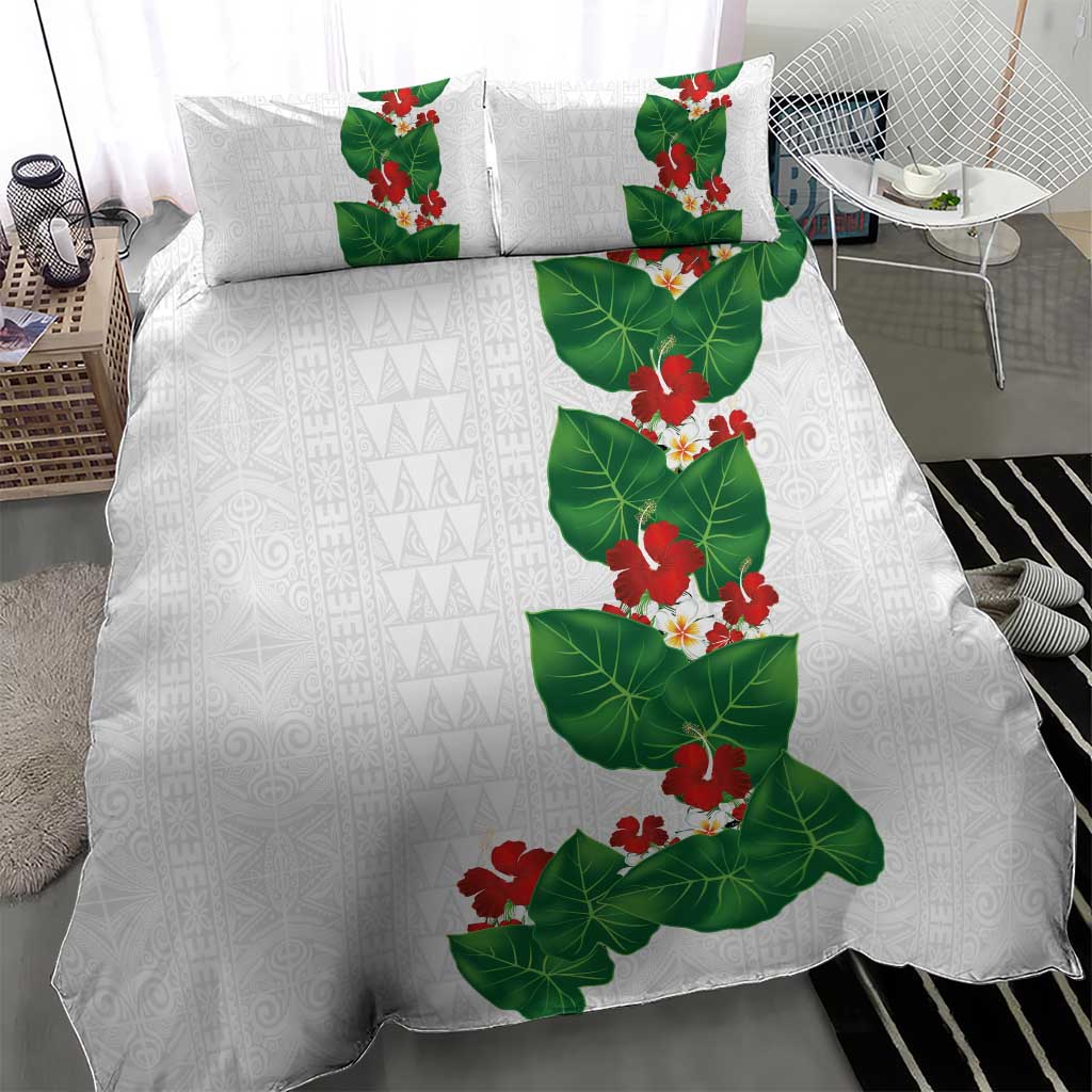 Hawaiian Taro Leaves-Hibiscus and Plumeria Bedding Set Polynesian Art-Kakau Tattoo White