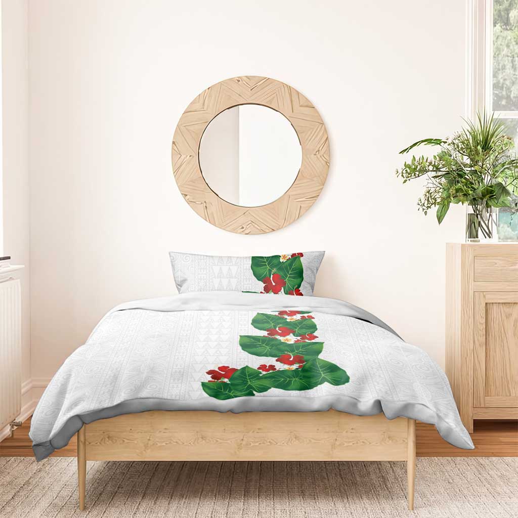 Hawaiian Taro Leaves-Hibiscus and Plumeria Bedding Set Polynesian Art-Kakau Tattoo White