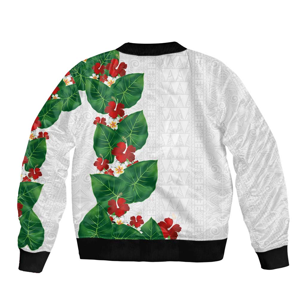 Hawaiian Taro Leaves-Hibiscus and Plumeria Bomber Jacket Polynesian Art-Kakau Tattoo White