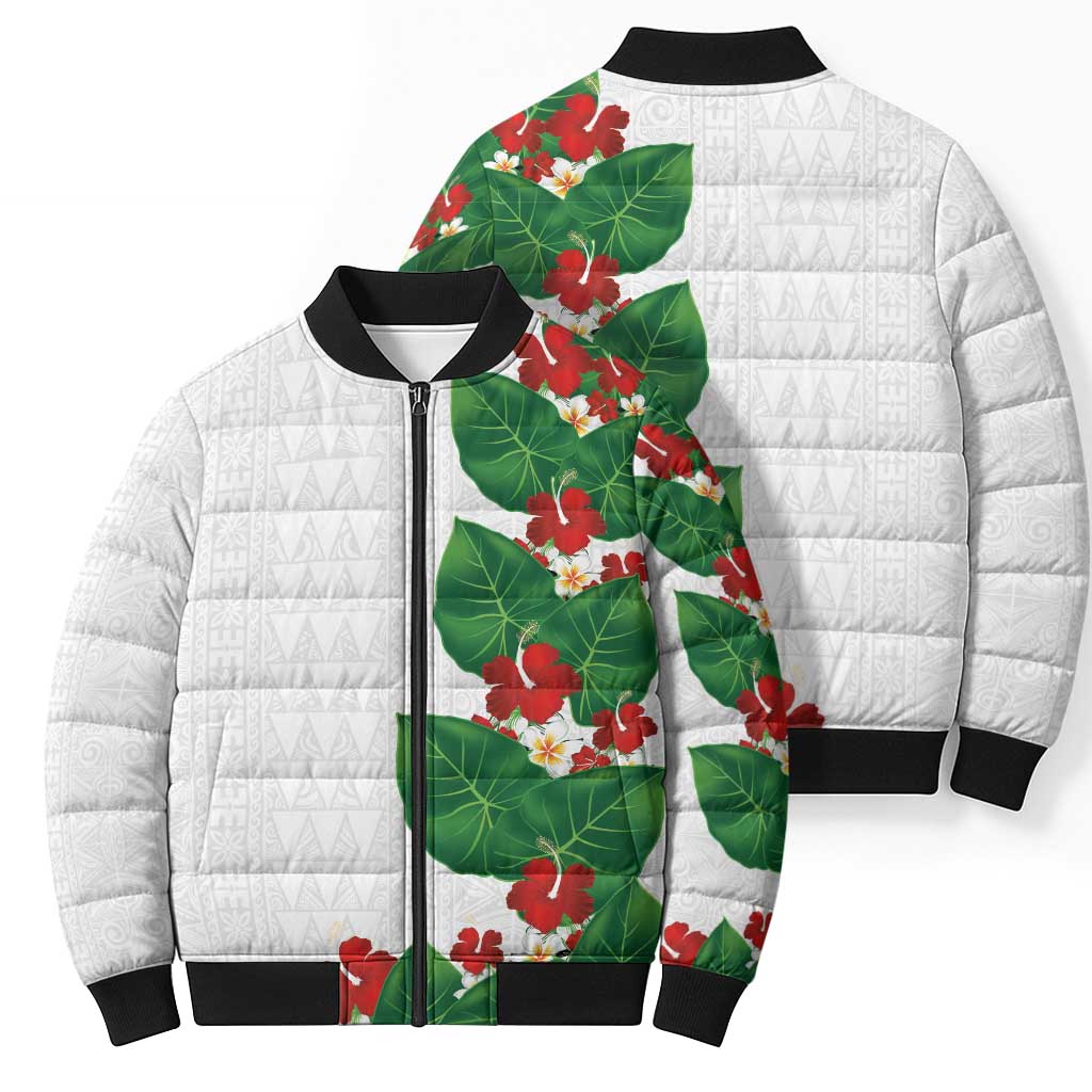 Hawaiian Taro Leaves-Hibiscus and Plumeria Bomber Puffer Jacket Polynesian Art-Kakau Tattoo White LT03 - Polynesian Pride
