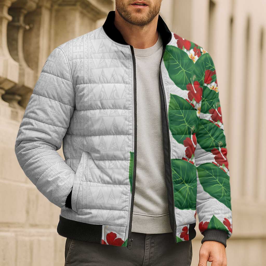 Hawaiian Taro Leaves-Hibiscus and Plumeria Bomber Puffer Jacket Polynesian Art-Kakau Tattoo White LT03 - Polynesian Pride