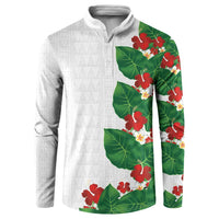 Hawaiian Taro Leaves-Hibiscus and Plumeria Button Sweatshirt Polynesian Art-Kakau Tattoo White