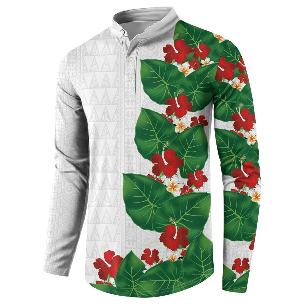Hawaiian Taro Leaves-Hibiscus and Plumeria Button Sweatshirt Polynesian Art-Kakau Tattoo White