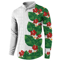 Hawaiian Taro Leaves-Hibiscus and Plumeria Button Sweatshirt Polynesian Art-Kakau Tattoo White