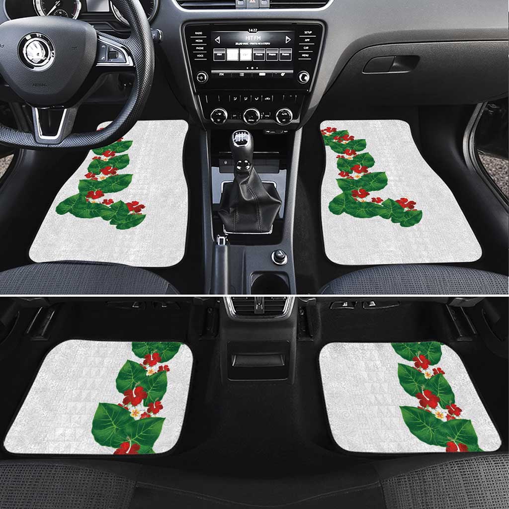 Hawaiian Taro Leaves-Hibiscus and Plumeria Car Mats Polynesian Art-Kakau Tattoo White LT03 Set 4pcs White - Polynesian Pride