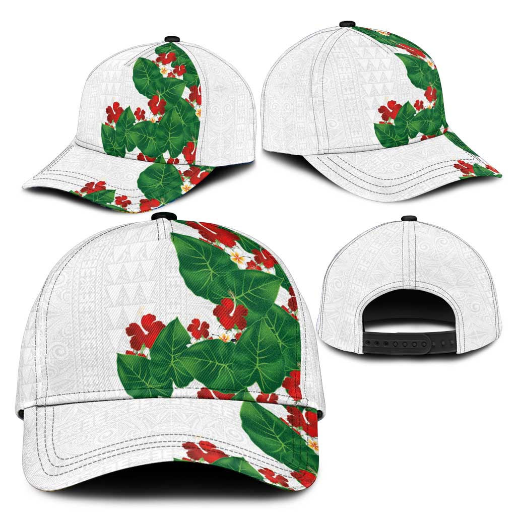 Hawaiian Taro Leaves-Hibiscus and Plumeria Classic Cap Polynesian Art-Kakau Tattoo White LT03 - Polynesian Pride