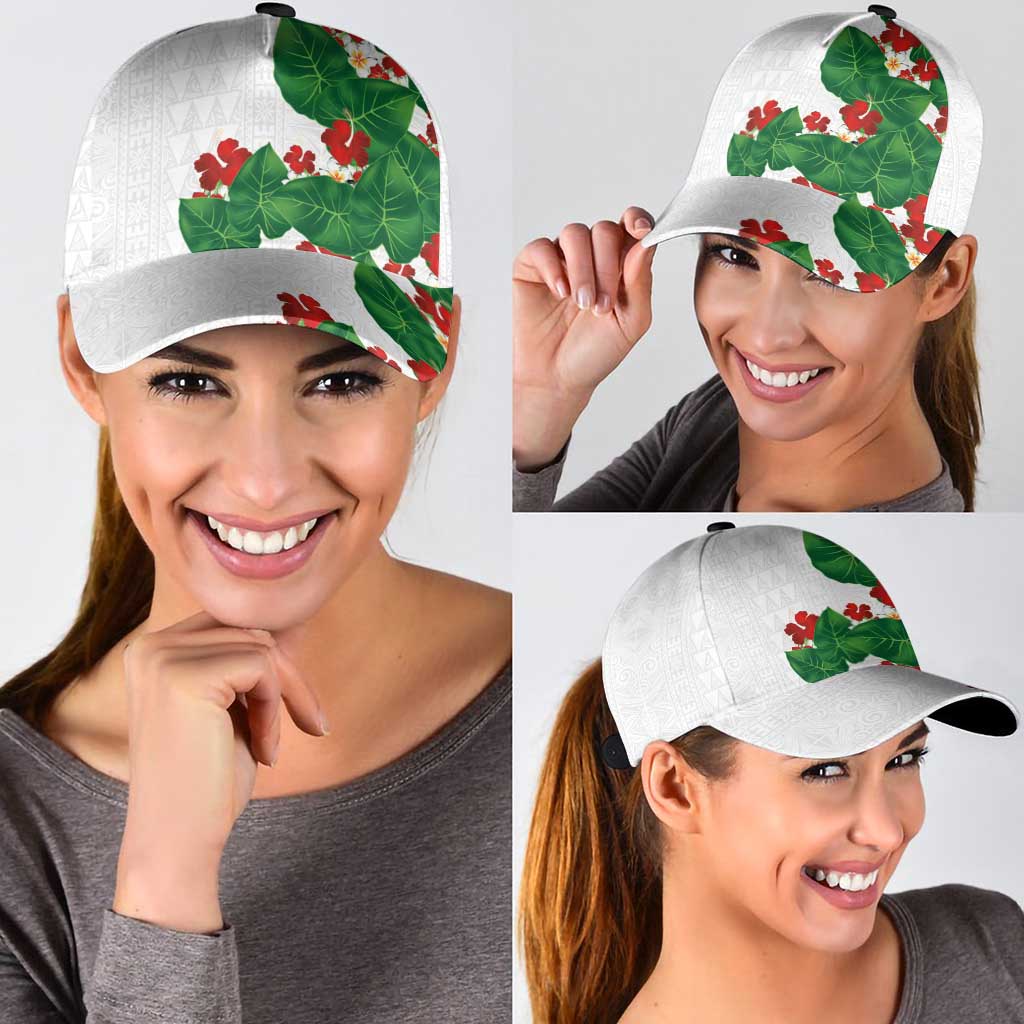 Hawaiian Taro Leaves-Hibiscus and Plumeria Classic Cap Polynesian Art-Kakau Tattoo White LT03 - Polynesian Pride
