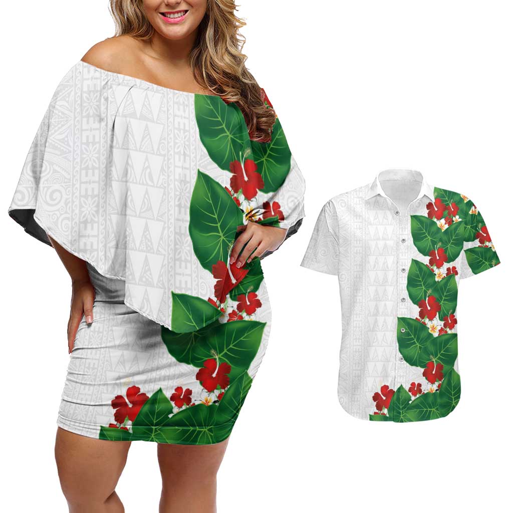 Hawaiian Taro Leaves-Hibiscus and Plumeria Couples Matching Off Shoulder Short Dress and Hawaiian Shirt Polynesian Art-Kakau Tattoo White LT03 White - Polynesian Pride