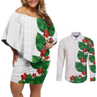Hawaiian Taro Leaves-Hibiscus and Plumeria Couples Matching Off Shoulder Short Dress and Long Sleeve Button Shirt Polynesian Art-Kakau Tattoo White LT03 White - Polynesian Pride