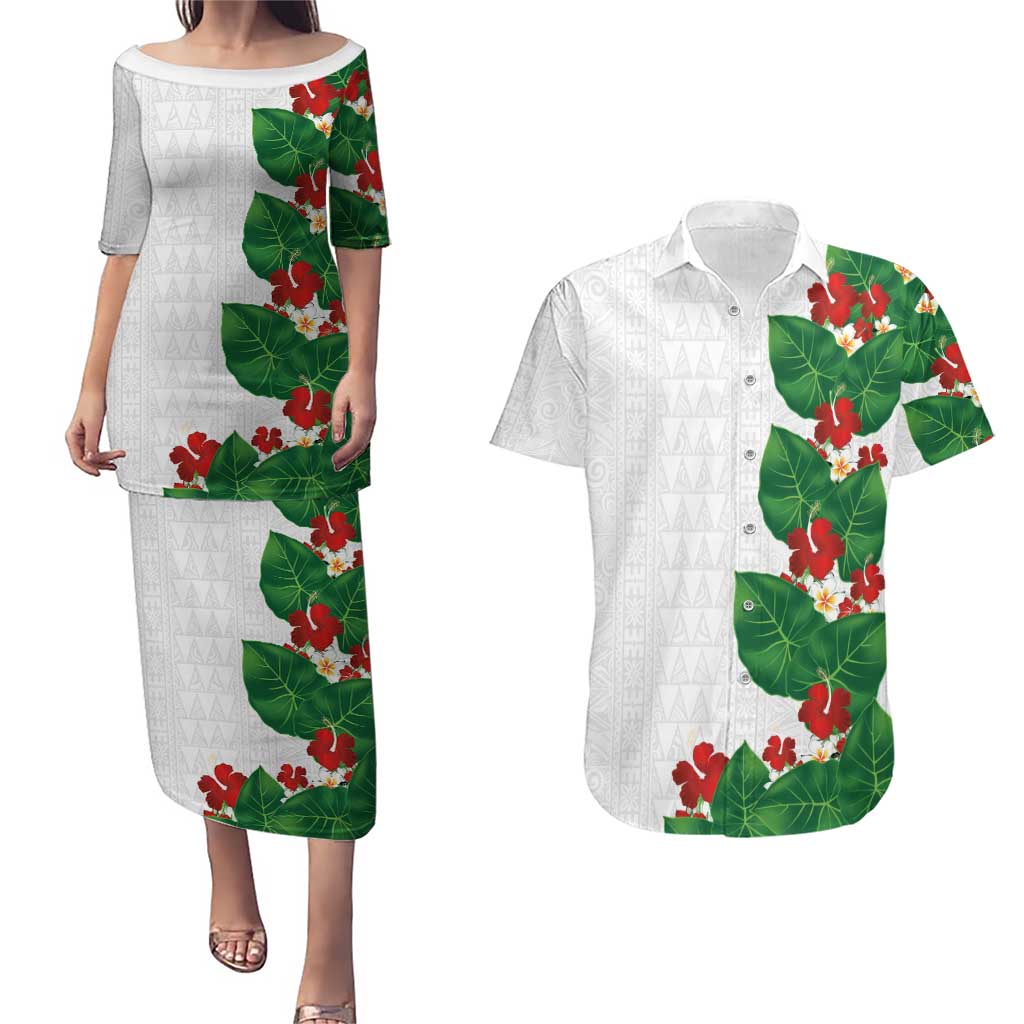 Hawaiian Taro Leaves-Hibiscus and Plumeria Couples Matching Puletasi and Hawaiian Shirt Polynesian Art-Kakau Tattoo White LT03 White - Polynesian Pride