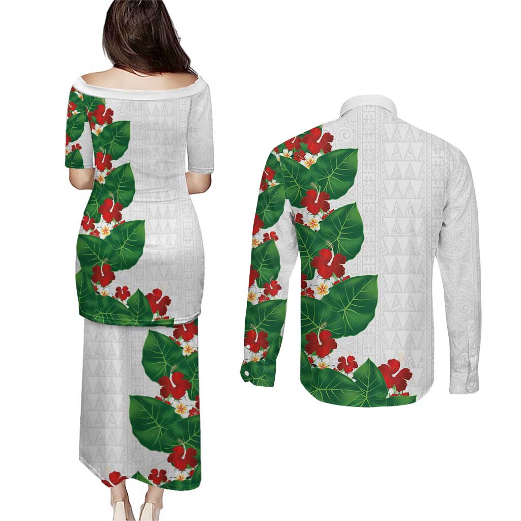 Hawaiian Taro Leaves-Hibiscus and Plumeria Couples Matching Puletasi and Long Sleeve Button Shirt Polynesian Art-Kakau Tattoo White LT03 - Polynesian Pride