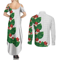 Hawaiian Taro Leaves-Hibiscus and Plumeria Couples Matching Summer Maxi Dress and Long Sleeve Button Shirt Polynesian Art-Kakau Tattoo White LT03 - Polynesian Pride