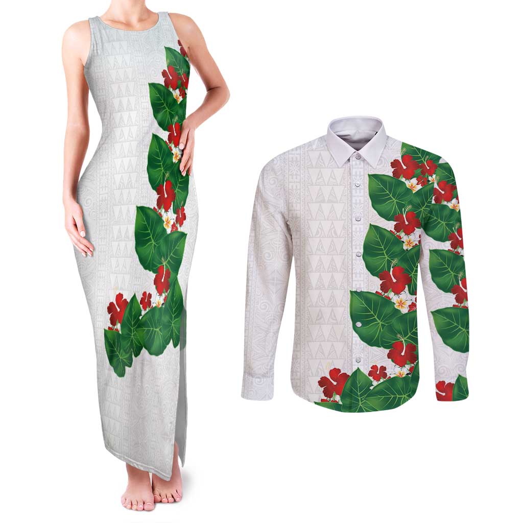 Hawaiian Taro Leaves-Hibiscus and Plumeria Couples Matching Tank Maxi Dress and Long Sleeve Button Shirt Polynesian Art-Kakau Tattoo White