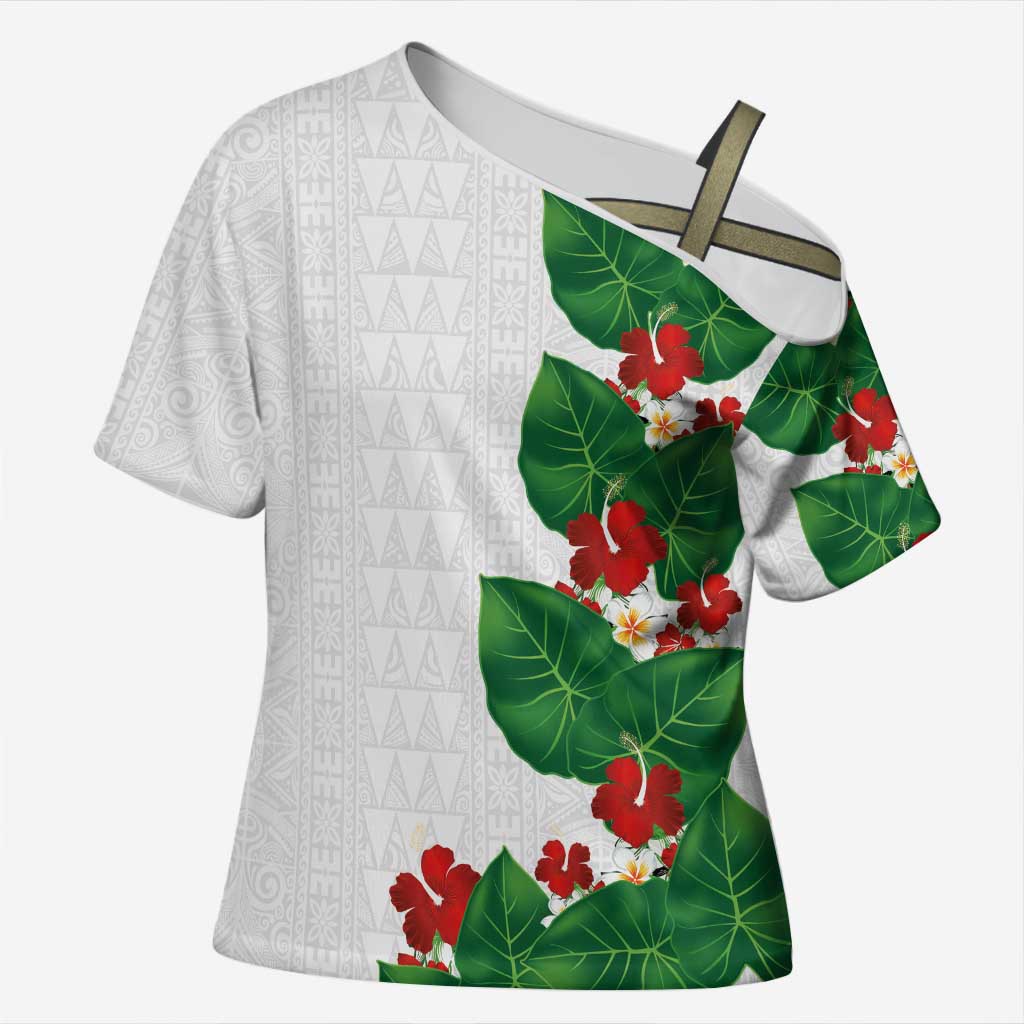 Hawaiian Taro Leaves-Hibiscus and Plumeria Cross Shoulder Shirt Polynesian Art-Kakau Tattoo White