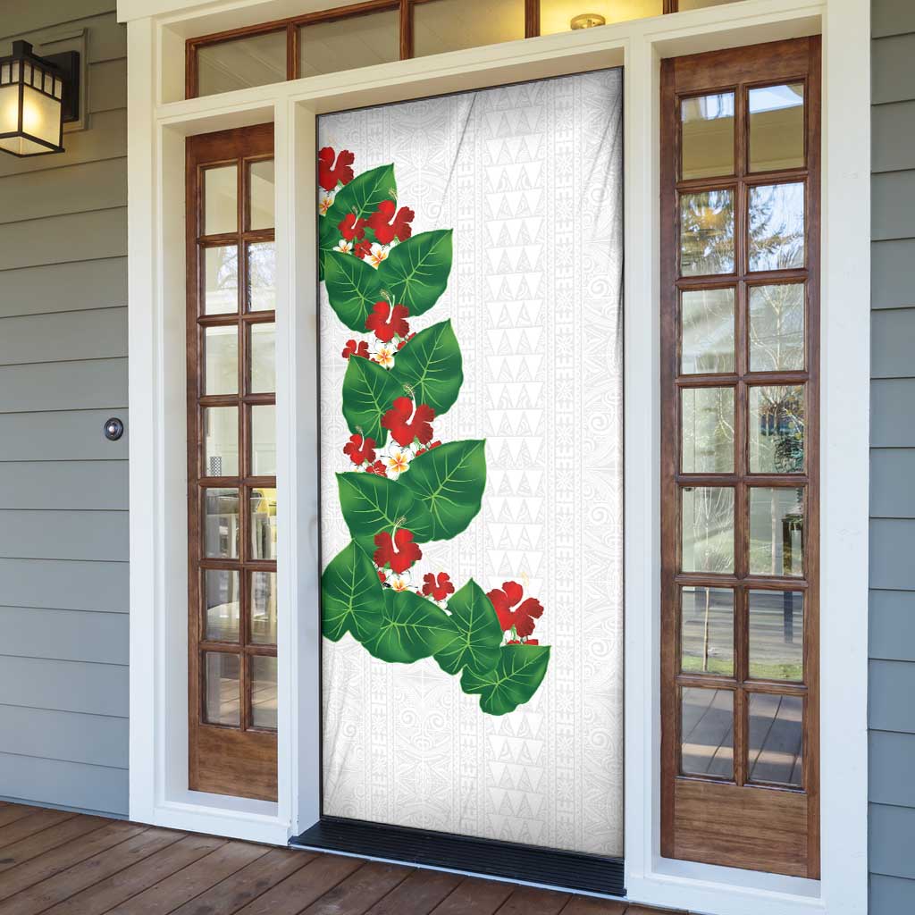 Hawaiian Taro Leaves-Hibiscus and Plumeria Door Cover Polynesian Art-Kakau Tattoo White LT03 - Polynesian Pride