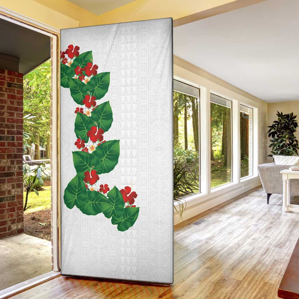 Hawaiian Taro Leaves-Hibiscus and Plumeria Door Cover Polynesian Art-Kakau Tattoo White LT03 - Polynesian Pride