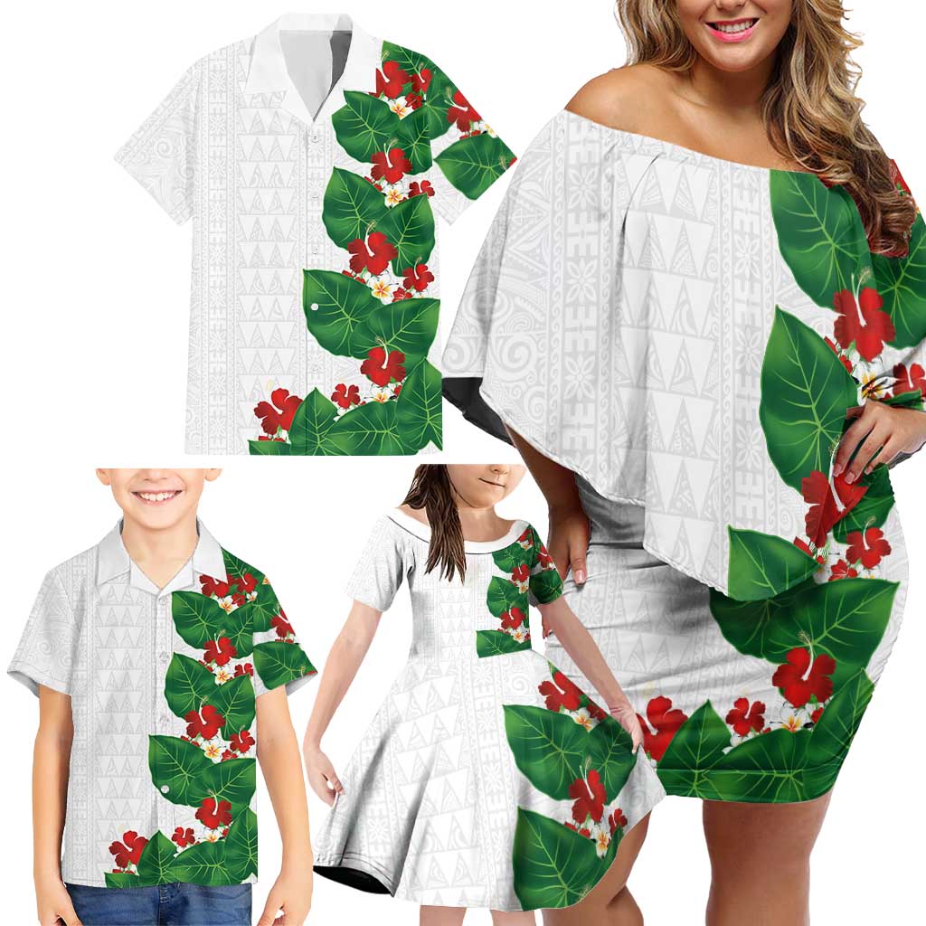 Hawaiian Taro Leaves-Hibiscus and Plumeria Family Matching Off Shoulder Short Dress and Hawaiian Shirt Polynesian Art-Kakau Tattoo White LT03 - Polynesian Pride